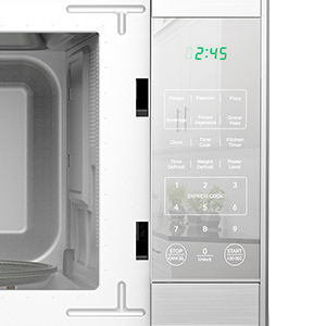 Closeup image of the smooth silver control panel on the compact 1100W black Total Chef microwave