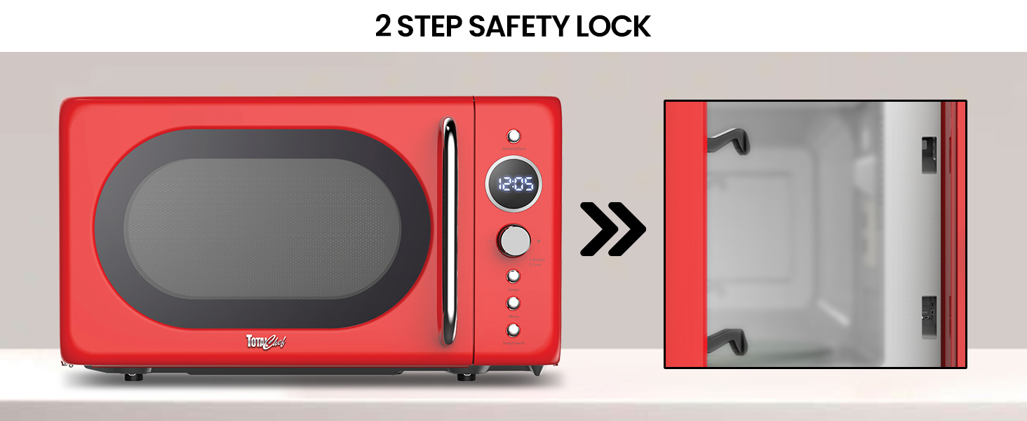 Total Chef retro microwave on a white countertop with an inset closeup of the door latch system
