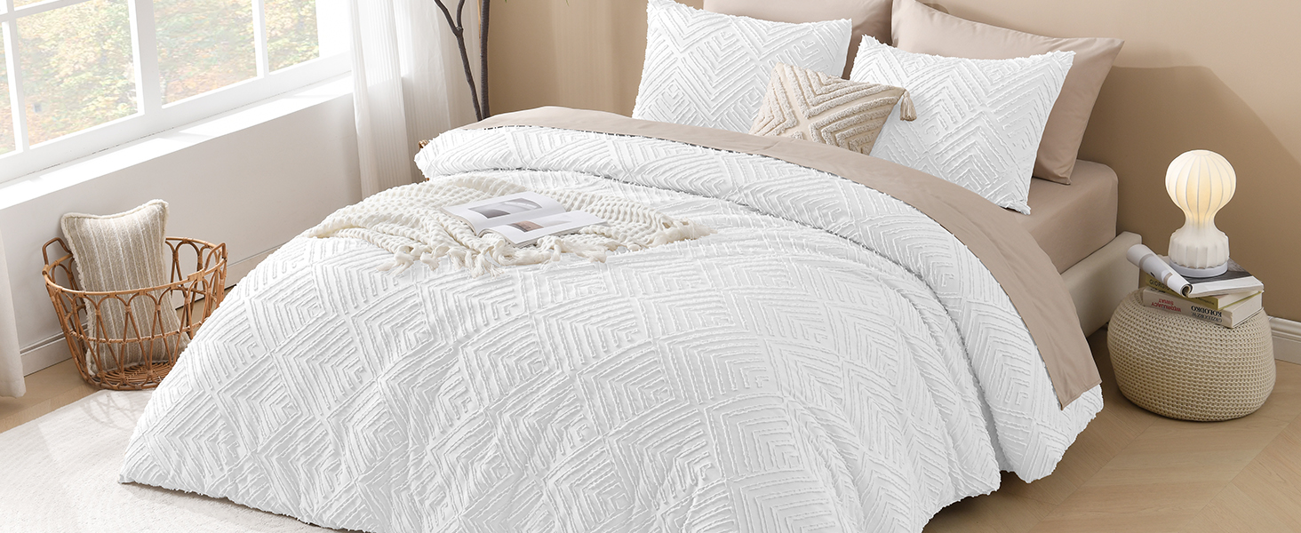 white boho comforter set tufted design
