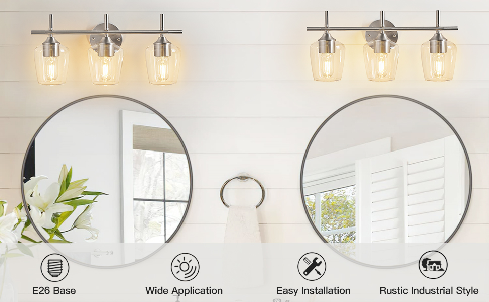 Bathroom Light Fixtures 3-Light Brushed Nickel Bathroom Vanity Light with Clear Glass Shade,