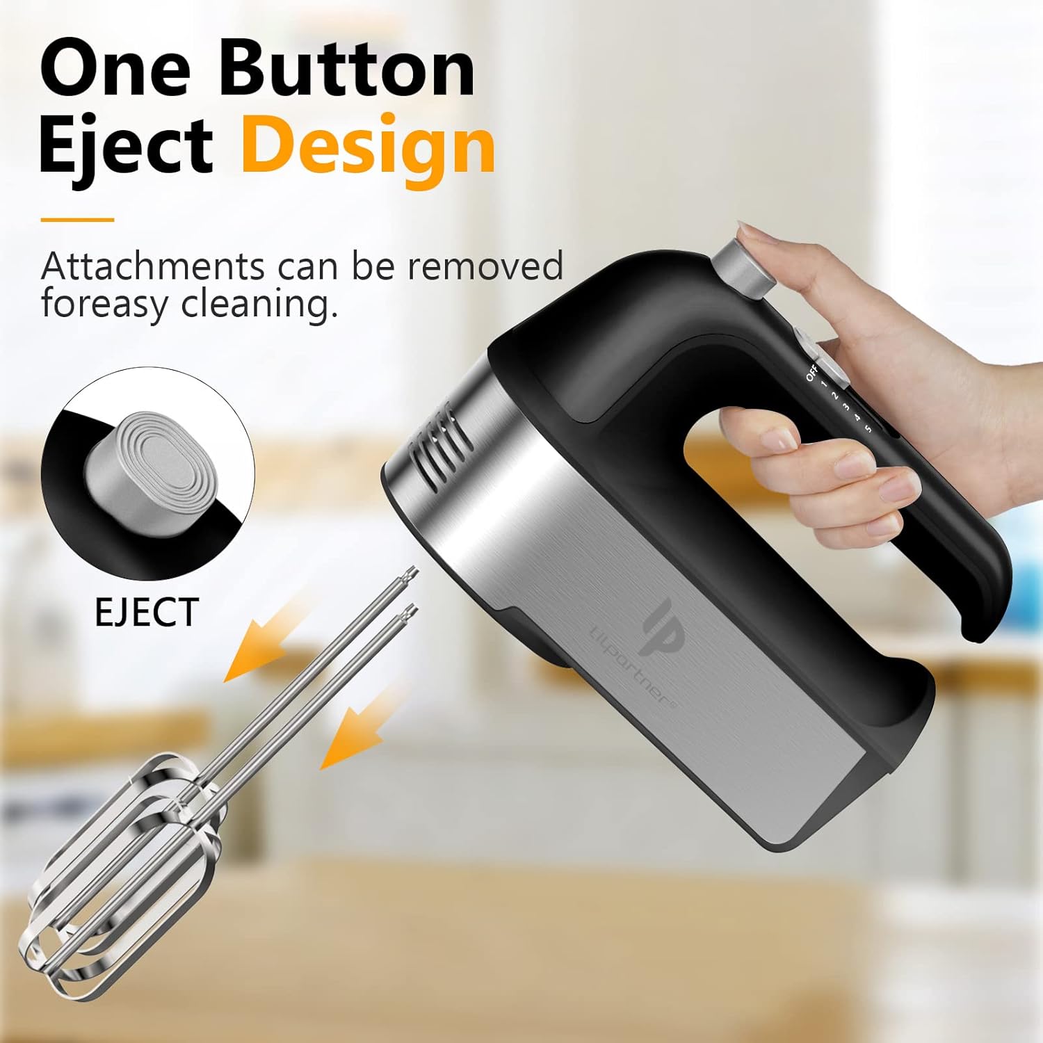 Hand Mixer Electric, 450W Kitchen Mixers with Scale Cup Storage Case, Turbo Boost/Self-Control Speed + 5 Speed + Eject Button + 5 Stainless Steel Accessories, For Easy Whipping Dough,Cream,Cake - Image 4