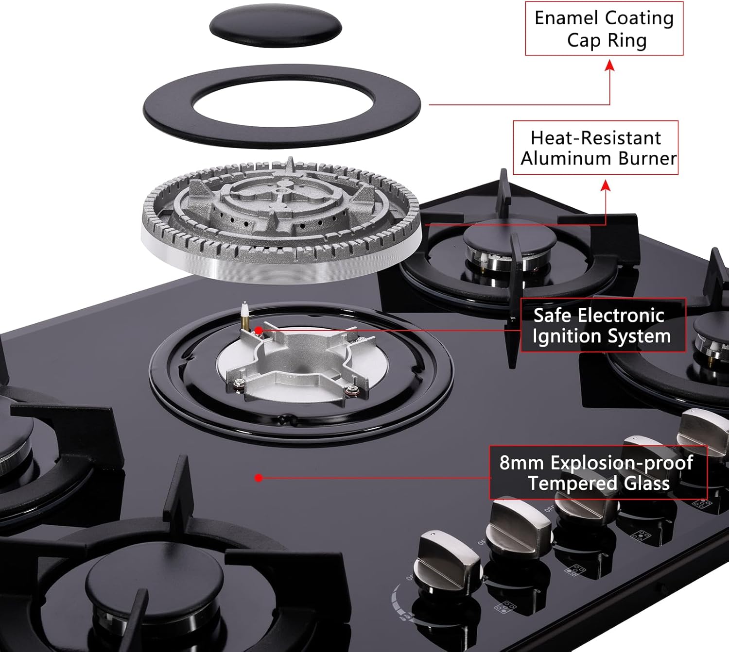 Gas Cooktop 30 Inch, Built-in Tempered Glass Gas Stovetop 5 High Efficiency Burners Gas Stove Top Propane/Natural Gas Convertible Gas Hob (Black) - Image 3