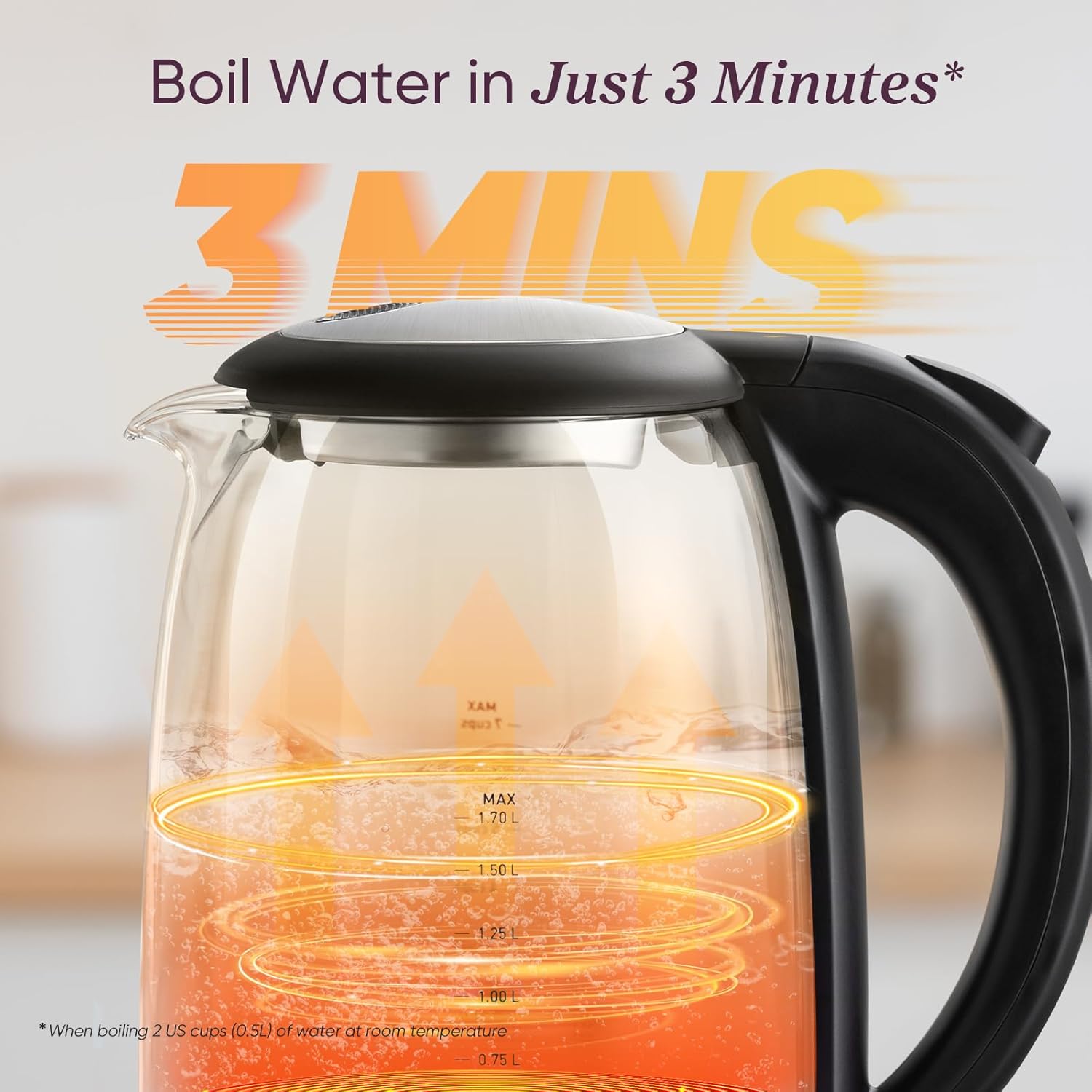 Cosori Electric Kettle, No Plastic Filter & Spout, 1.8Qt Tea Kettle & Hot Water Boiler For Coffee & Tea, Water Heater & Teapot, Automatic Shut Off, Borosilicate glass, Black, 1500W - Image 4