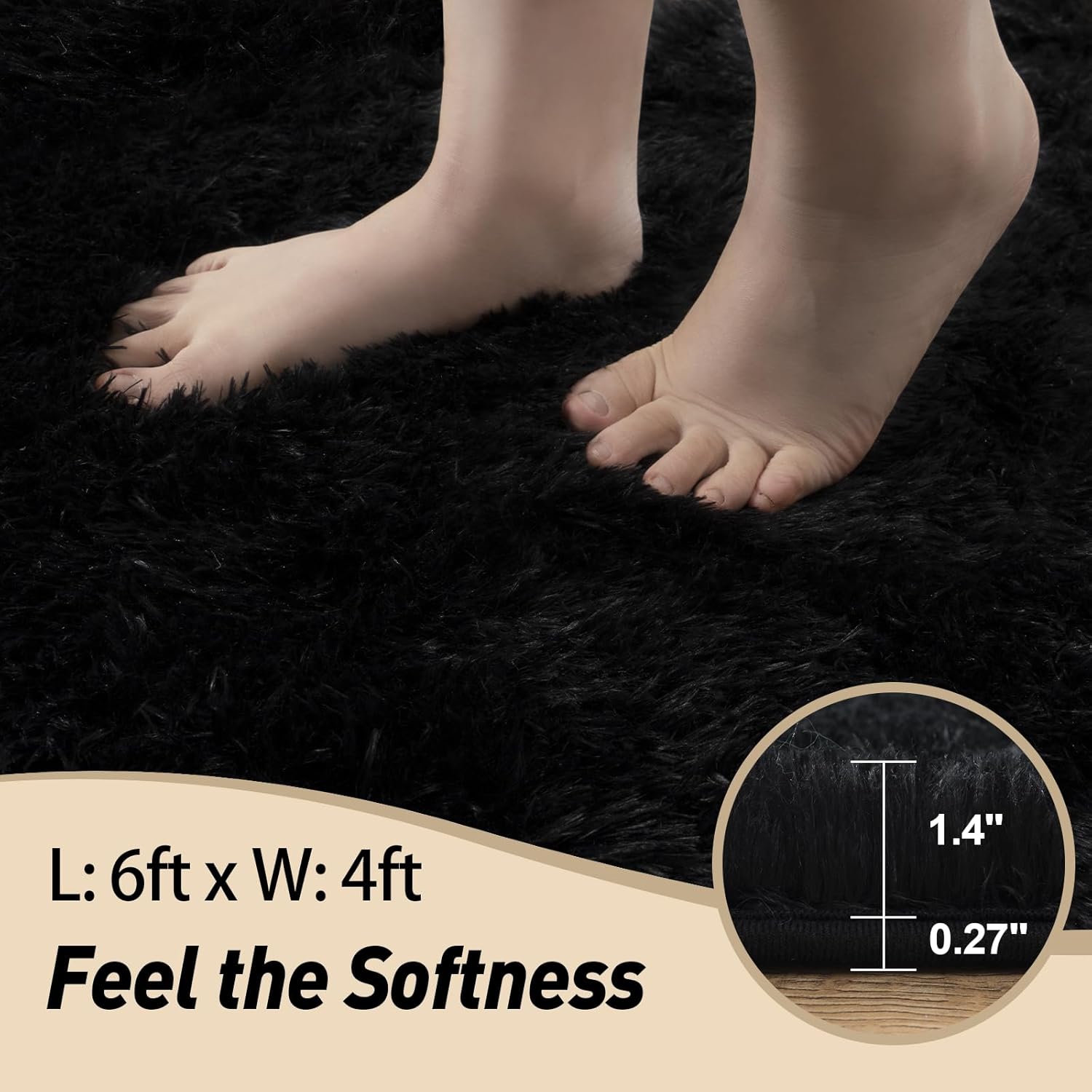 Black Rugs for Living Room, 4x6 Feet Large Fluffy Area Rugs for Bedroom, Soft Carpet Shag Kids Rug with 4 Non-Slip Rug Pads(4ft x 6ft, Black) - Image 3
