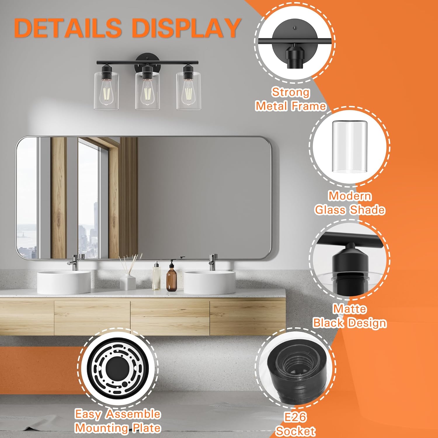 Espird Bathroom Vanity Light Fixtures Matte Black Bathroom Lighting Fixture, 3 Lights Bathroom Light Fixture Over Mirror, Modern Black Vanity Light, UL Certified Wall Sconces with Glass Shades - Image 5