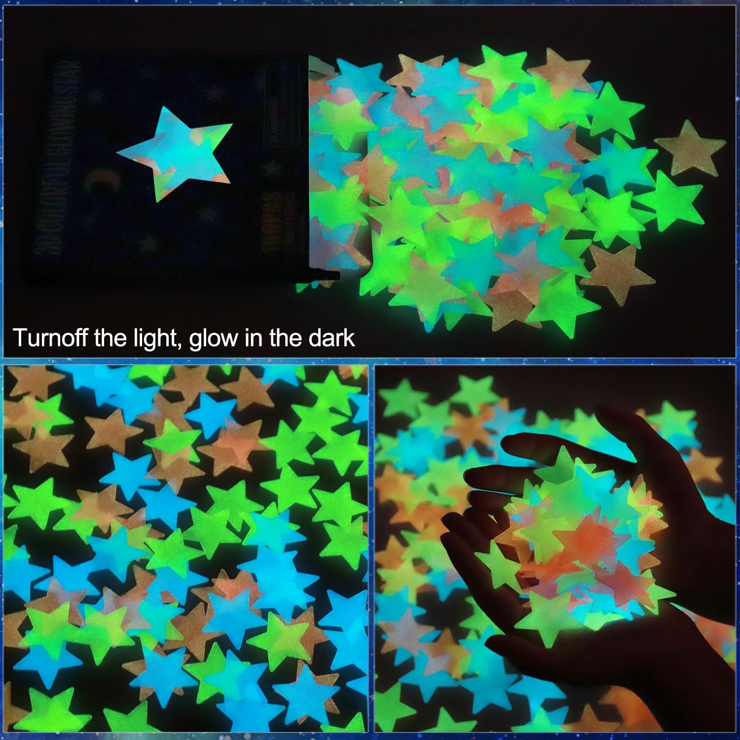 AM AMAONM 100 Pcs Colorful Glow in The Dark Luminous Stars Fluorescent Noctilucent Plastic Wall Stickers Murals Decals for Home Art Decor Ceiling Wall Decorate Kids Babys Bedroom Room Decorations - Image 4