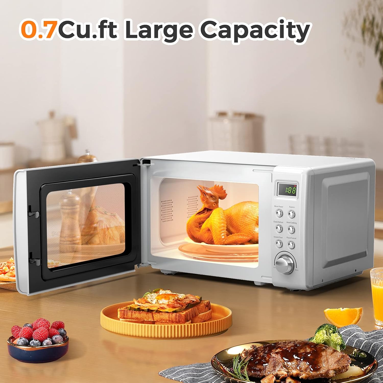 LDAILY 0.7Cu.ft Retro Small Microwave Oven, 700W Compact Countertop Microwave with 5 Power Levels, Auto Cooking Menus, Glass Turntable, Child Lock & Glass Turntable for Apartment, Dorm (White) - Image 6