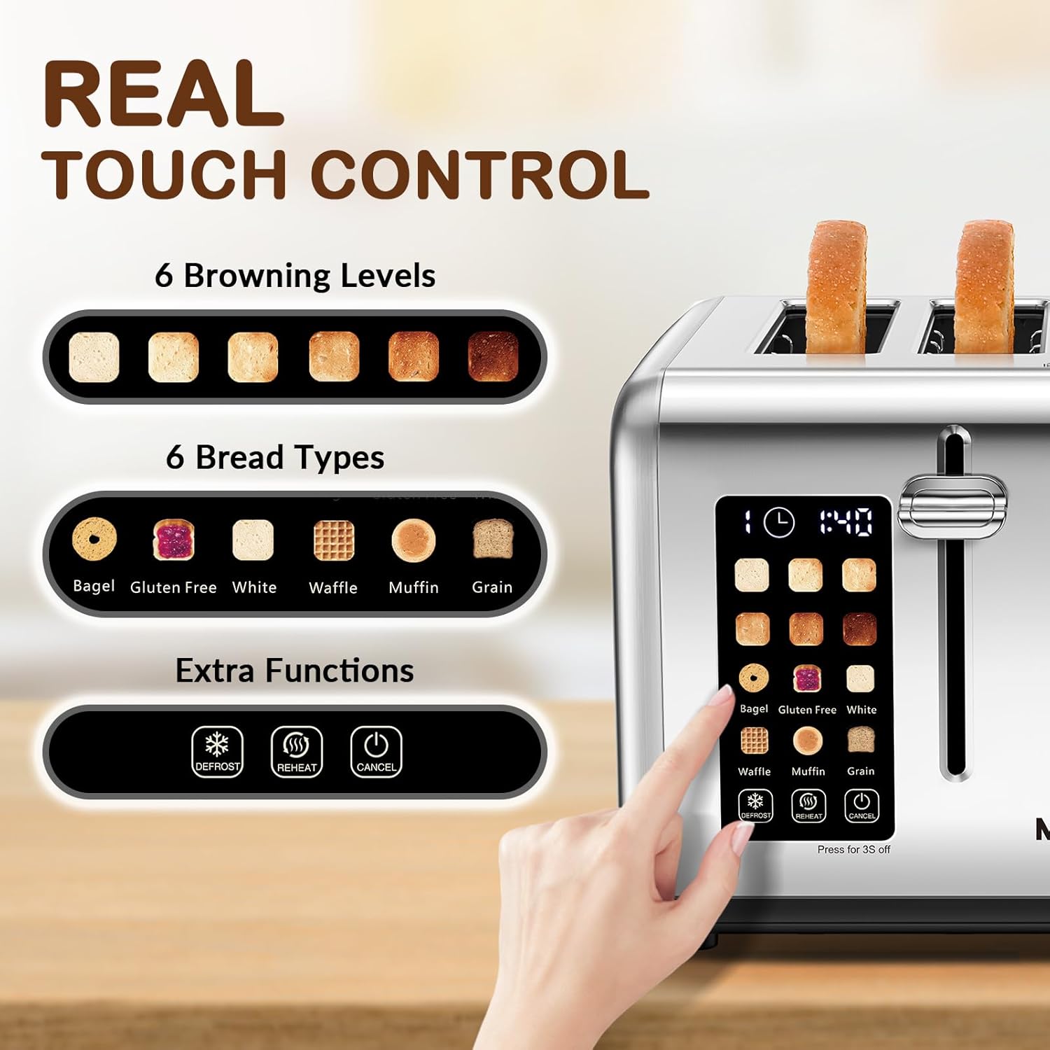 Mecity 4 Slice Toaster with Touch Screen Control, 4 Wide Slots, Stainless Steel Smart Bread Toaster for Bagels, Muffins, Waffles, Dual Control Panel, Timer, Defrost, Reheat, 120V 1650W - Image 2