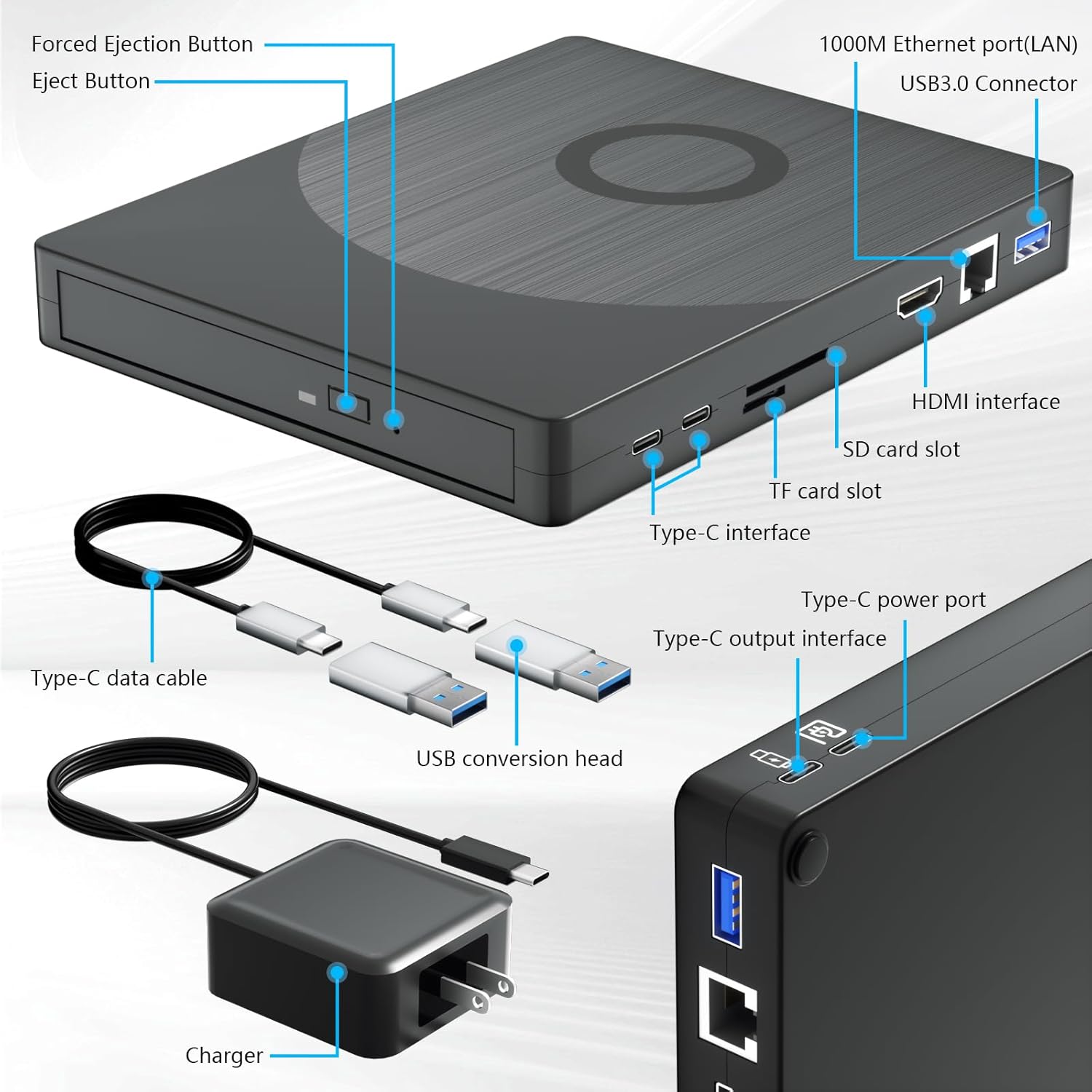 External Blu Ray Drive, 8 in 1 USB Blu-ray Drives External for Laptop, External DVD Player Support 100G Disc 3D, USB CD Drive with SD/TF Port HDMI and LAN Interface, CD Burner for Windows XP/7/8/10/11 - Image 7
