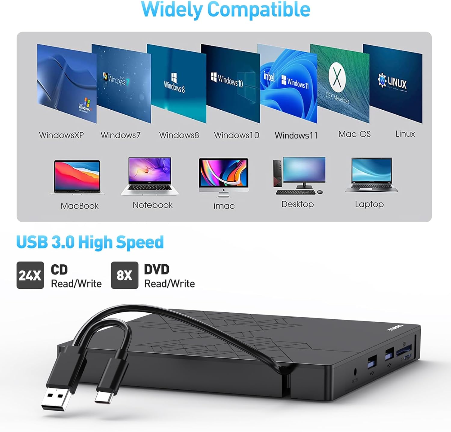 External DVD Drive, CD Drive USB 3.0 Typle C CD/DVD ROM +/-RW Adapter with USB Port DVD Burner for Laptop PC Desktop Computer, Optical Disk Drive CD Player Compatible with Mac Windows Linux - Image 5