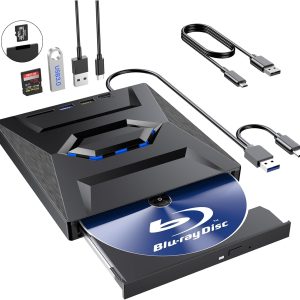 External Blu Ray Drive,Portable Bluray Player Writer Reader,CD Burner with USB 3.0 typc C Port& SD Card,DVD & CD-ROM +/-RW,External Blu-Ray Drives for PC Laptop Desktop Windows Mac Linux Computer