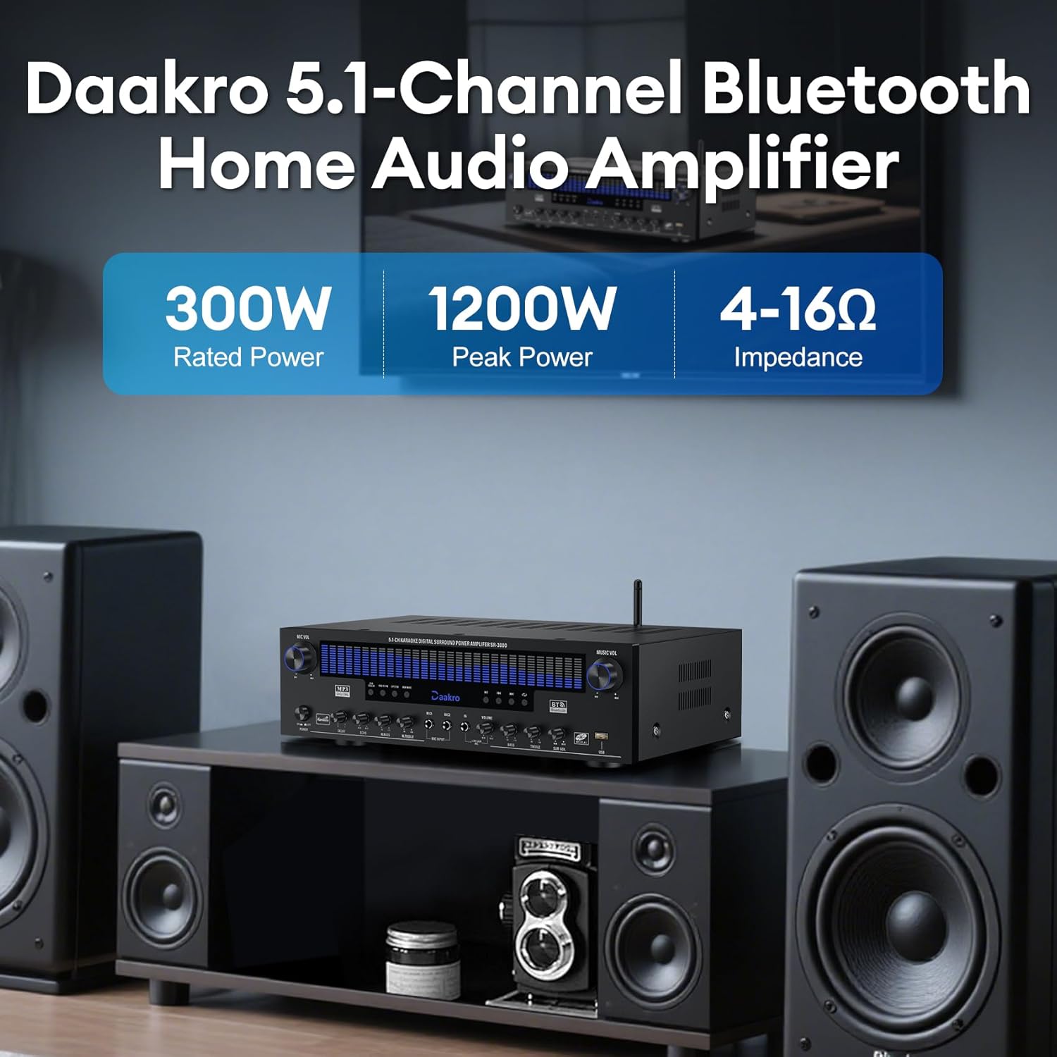 Stereo Receivers Home Audio Amplifier w/DSP Display,300W Rated Power 5.1 Channel Bluetooth Receiver,Home Amp w/BT/CD/DVD/AUX/USB/BT/FM/Opt/COA/MIC for Home/Studio/Theater Passive Speakers - Image 3