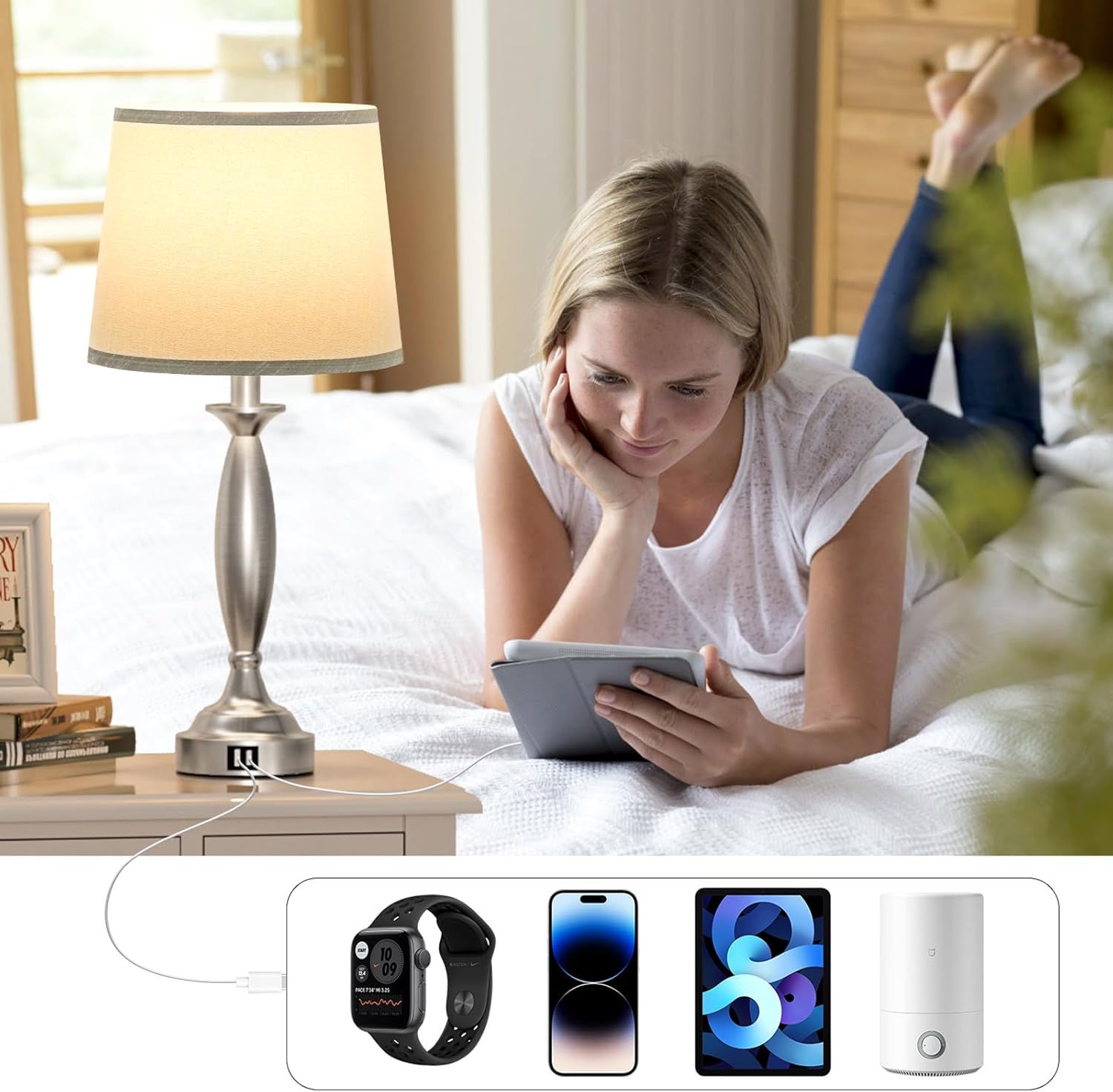 Bedrooms Touch Control Bedside Lamp with USB C+A, 3 Way Dimmable Nightstand Lamps with USB Port, Brushed Nickel Table Lamp for Living Room Guest Room Bed Side End Table, Set of 2 - Image 7