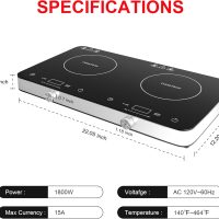 Double Induction Cooktop Burner, 1800w 2 burner Induction Cooker Cooktop, 10 Temperature 9 Power Settings Portable Electric Countertop Burner Touch Stove with Child Safety Lock & Timer - Image 6