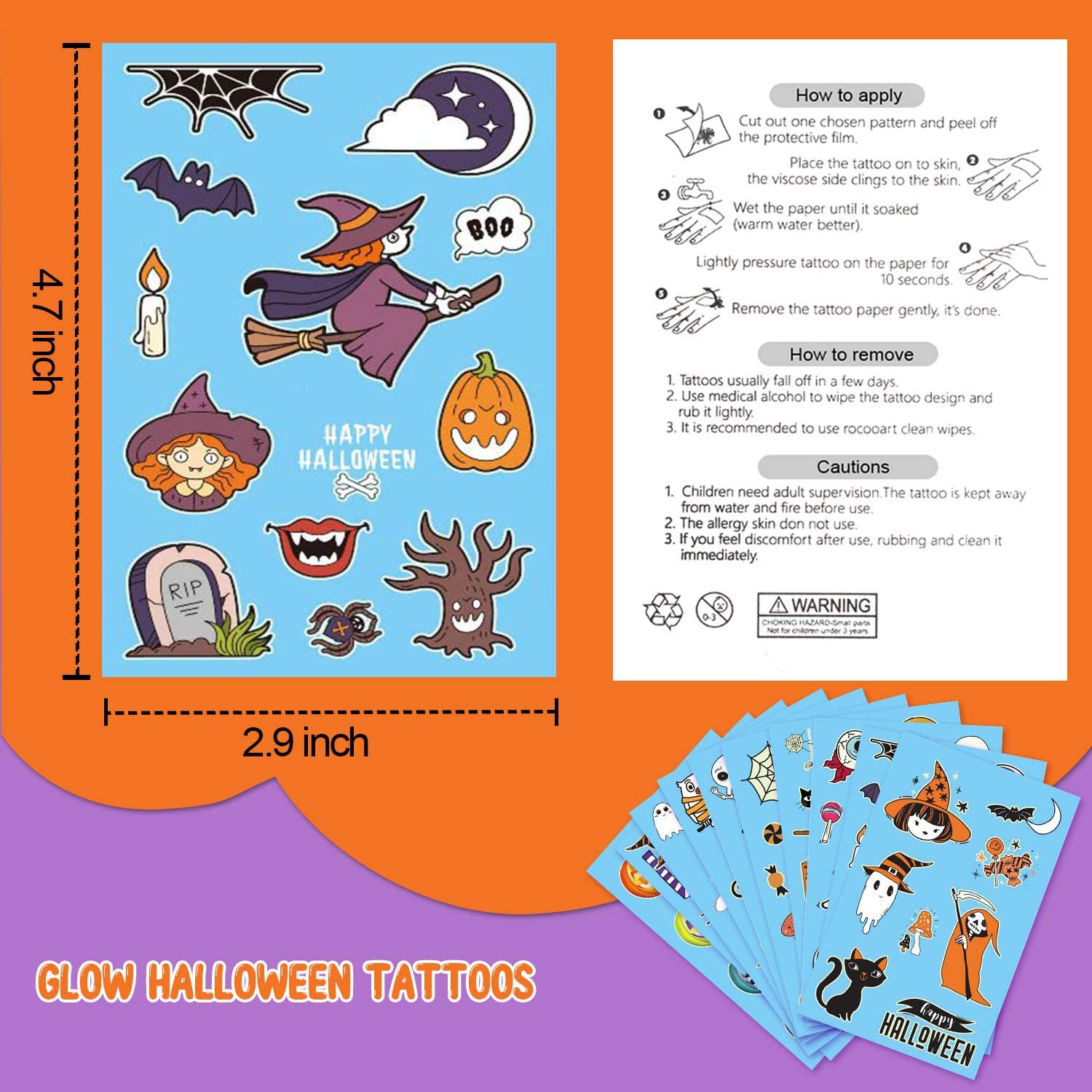Partywind 10 Sheets Luminous Halloween Temporary Tattoos for Kids, Glow Halloween Decorations Birthday Party Favors Supplies, Halloween Fake Tattoos Goodie Bag Fillers Games Accessories for Party - Image 9
