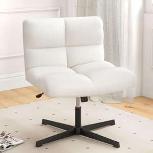 Giantex Criss Cross Chair, Faux Fur Armless Cross Legged Desk Chair No Wheels, Height Adjustable Computer Swivel Seat, Modern Wide Seat Boucle Vanity Chair for Home Office, White