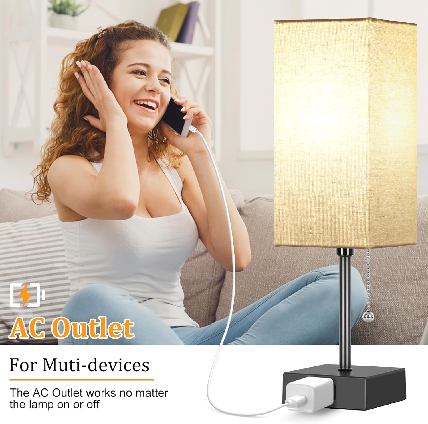 15'' Table Lamp for Bedroom set of 2,3-Color Bedside Lamps with Pull Chain Table Lamps for Night stands with AC Outlet,Small Night Light Lamps with 2 Bulbs Lamps for Living Room Kids Room Office Decor - Image 6