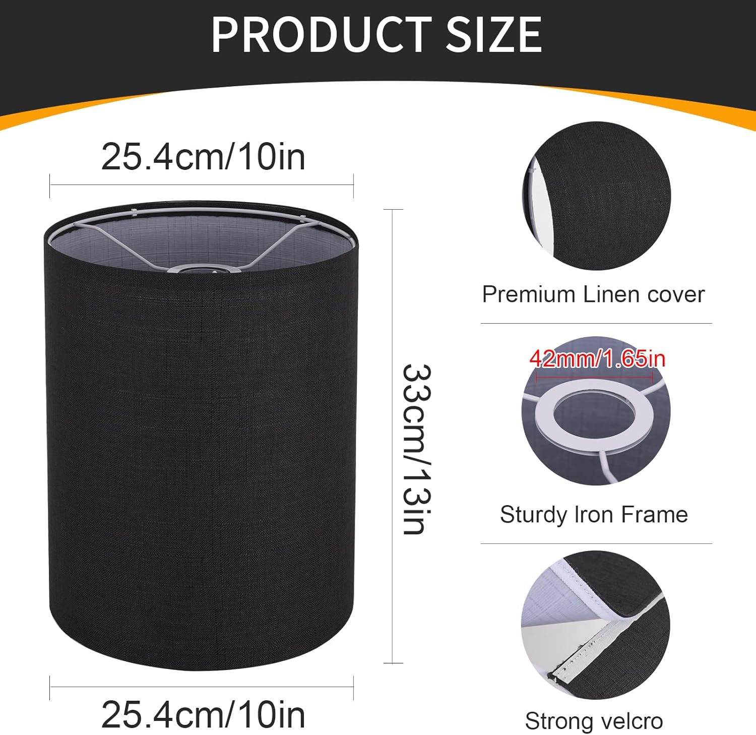 Black Linen Tall Drum Lampshade, 10" Top x 10" Bottom x 13" High Lamp Shade, Lamp Shade Replacement for Table and Floor Lamps, Pendant Light, Handcrafted Lampshade, Easy Assembly - Image 5