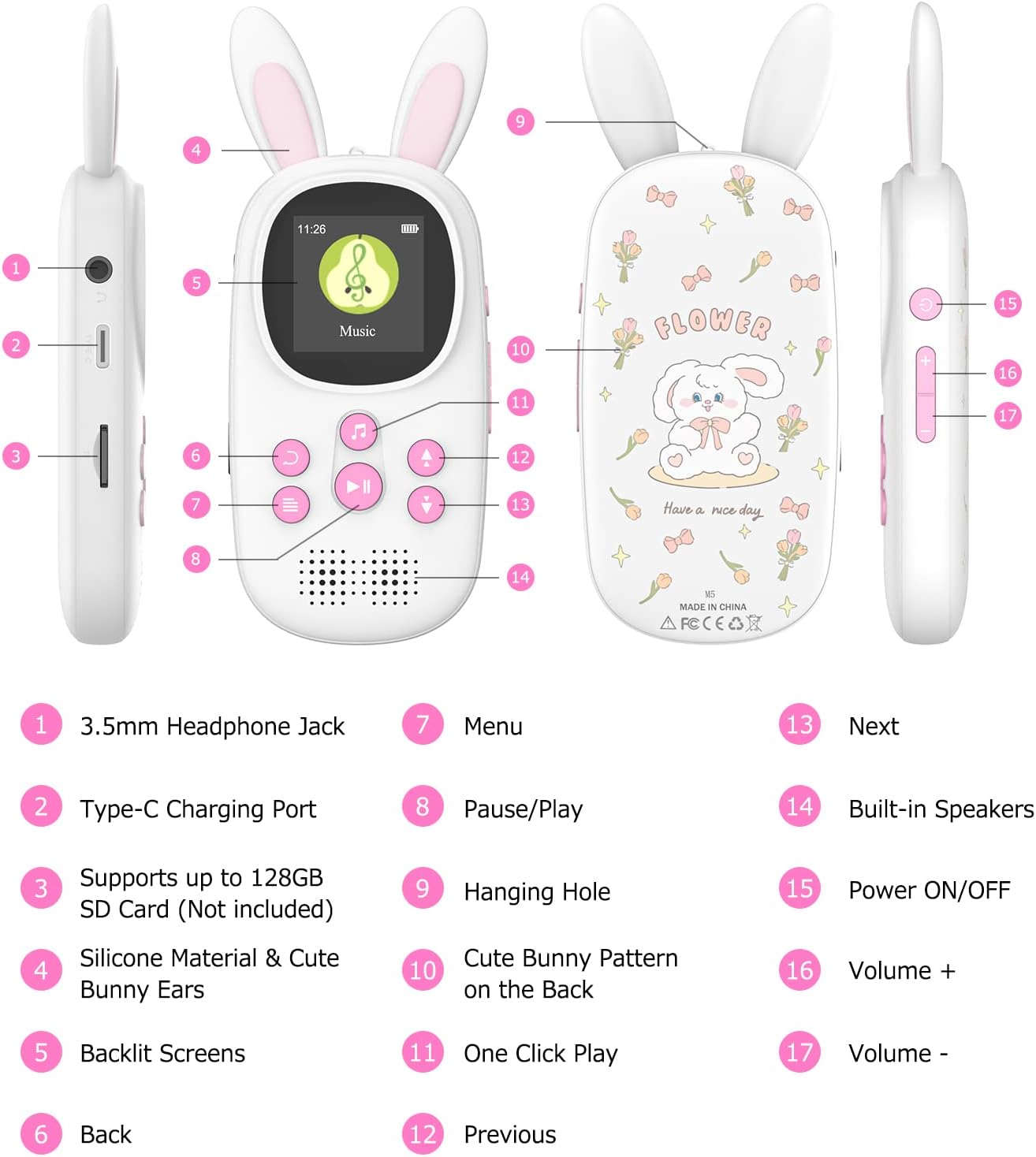 32GB MP3 Music Player for Kids, Cute Bunny Kids Music MP3 Player with Bluetooth, MP3 & MP4 Players with Speaker, MP3 Player with FM Radio, Recordings, Alarm, Pedometer, Stopwatch, Support up to 128GB - Image 8