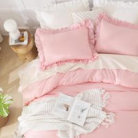 Andency Pink Comforter Set Full, 3 Pieces Lightweight Soft Rustic Pink Ruffle Comforter Women Girls, Solid Farmhouse Shabby Chic Microfiber Bedding Comforter Set - Image 3