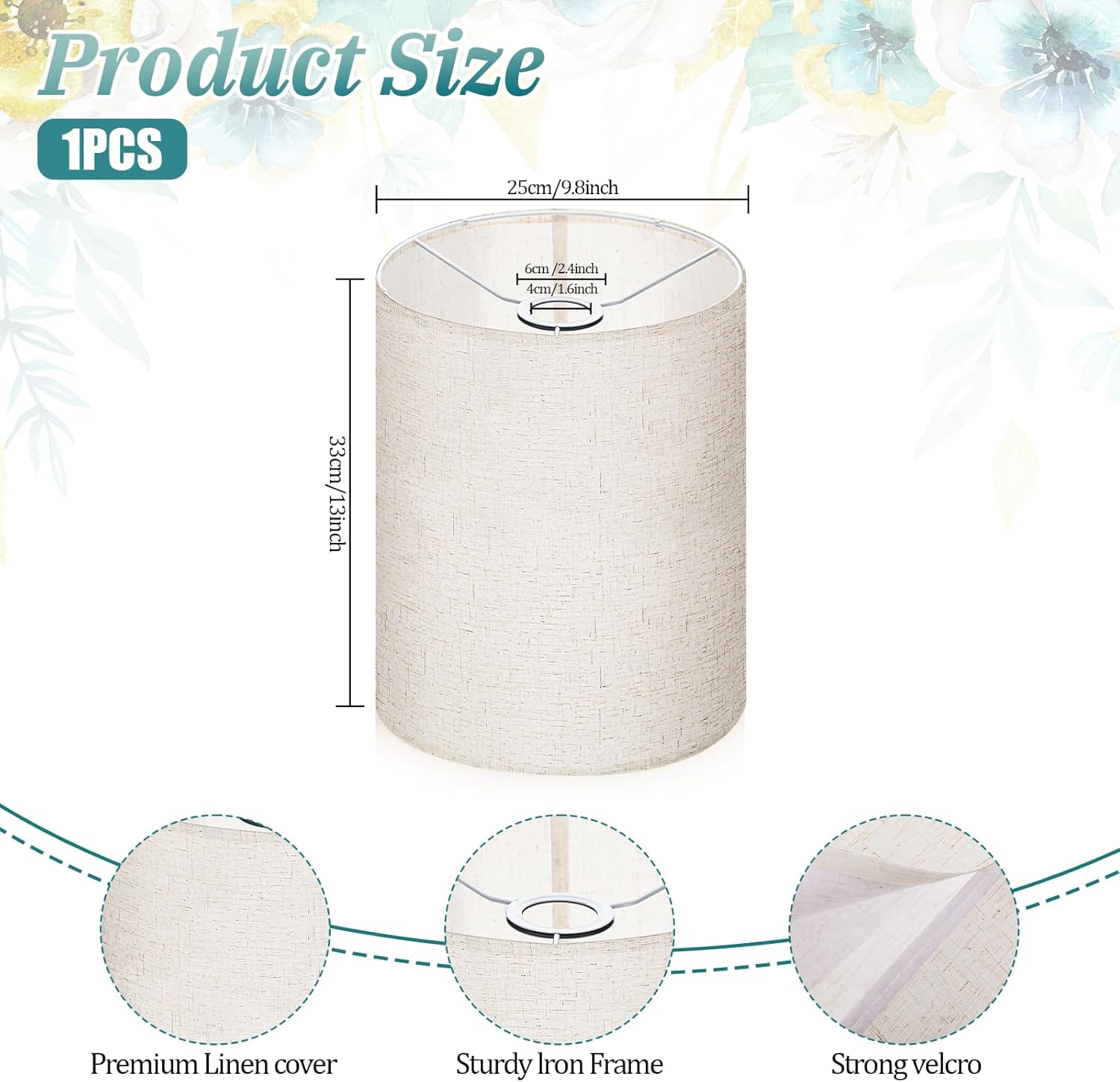 Beige Tall Lamp Shade, Drum Lamp shades, Replacement Drum Lamp Shade Natural Linen Hand Crafted for Table Lamps, Floor Lamps, Chandelier Lamp, Easy Assembly Required(9.8" Top X 9.8" Bottom X 13" High) - Image 2