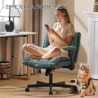 Criss Cross Legged Office Chair with Flip-Up Arms and Wheels, Wide Seat Desk Chair with Built-In Dynamic Airbag Lumbar Support, Modern Cross-Leg Chair for Home Office, Apartment, Vanity, Dark Green - Image 3