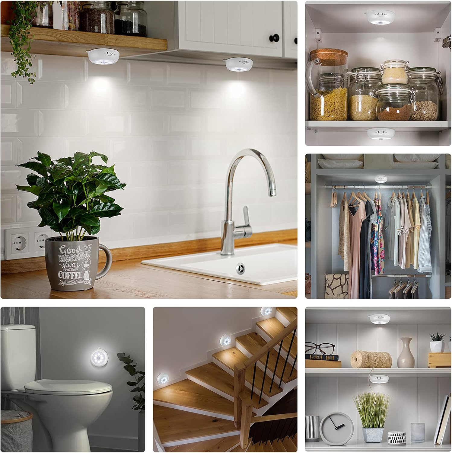 BLS Motion Sensor Light Indoor, LED Night Light Closet Lights, Under Cabinet Battery Powered Ceiling Lights, AA Battery Operated Stick on Wireless Puck Lights for Wall, Step, Stair, Dimmable (3 Pack) - Image 7