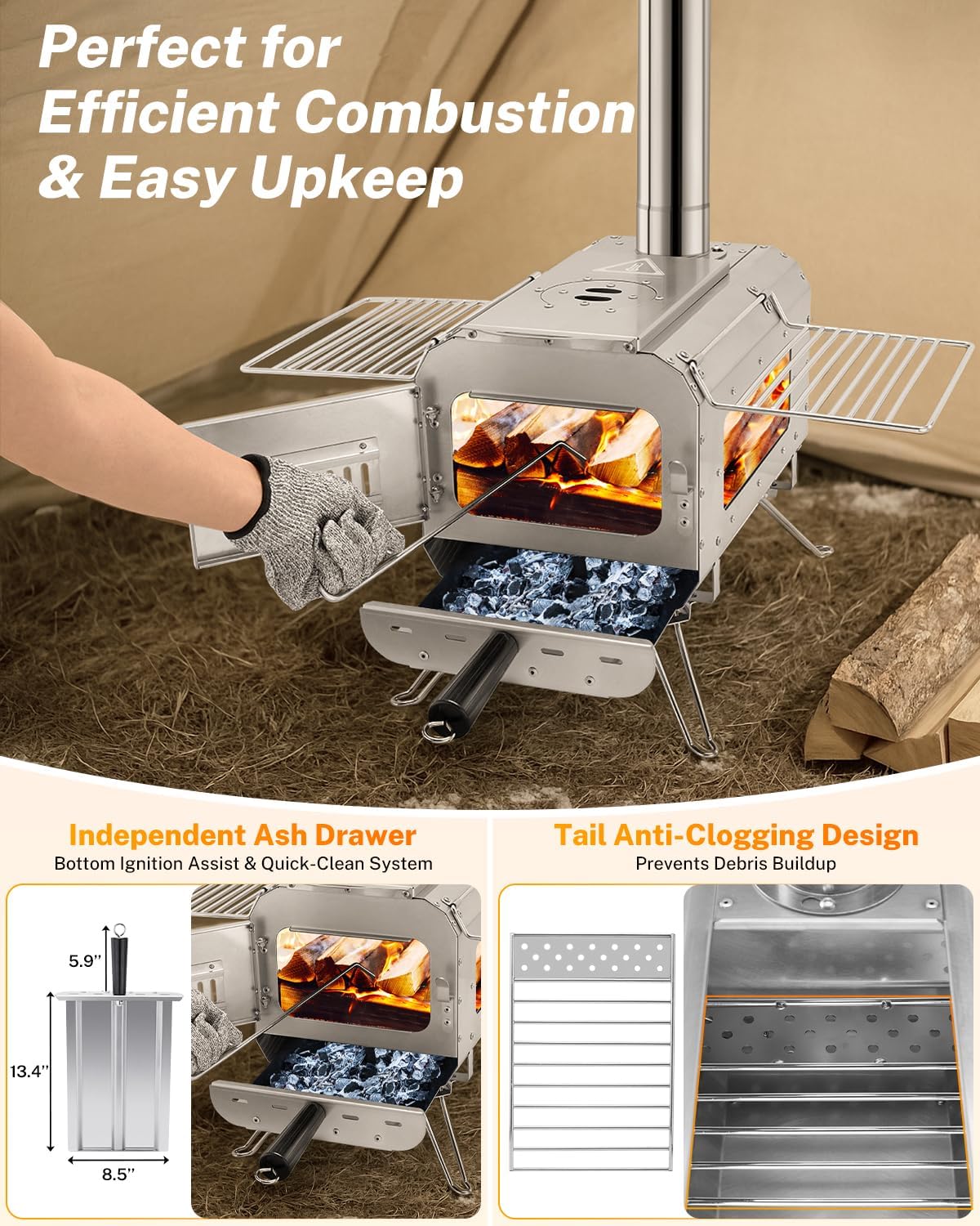 Gonex Hot Tent Stove, Portable Wood Burning Camping Stove with Ash Drawer & Large Firebox for Tent, Outdoor, Heating, Cooking, Ice Fishing - Image 6