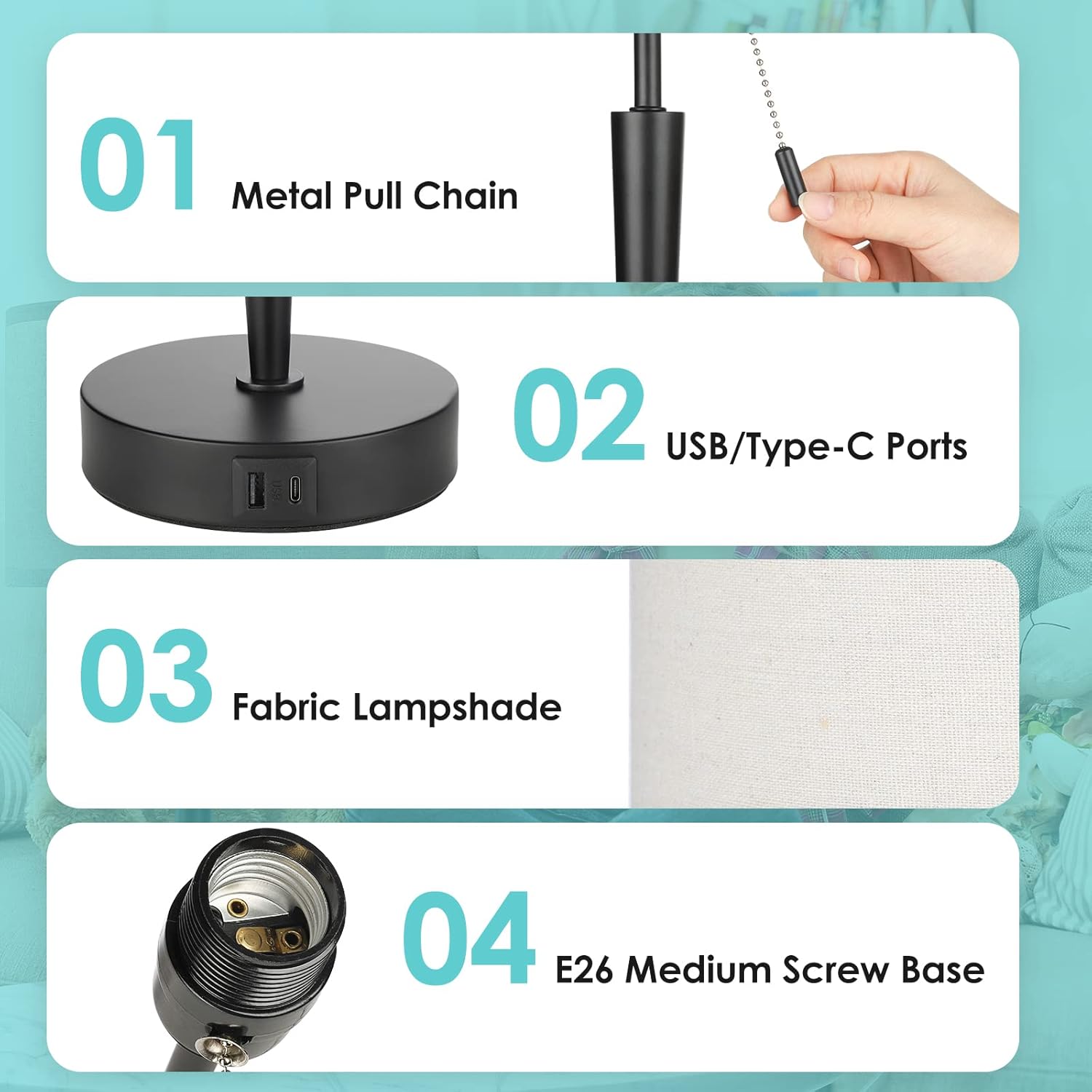 GGOYING Set of 2 Bedside Table Lamp, Pull Chain Nightstand Lamps with USB C Charging Ports, 5000K LED Bulb, Round Fabric Linen Lampshade for Livingroom,Bedroom,Home - Image 7