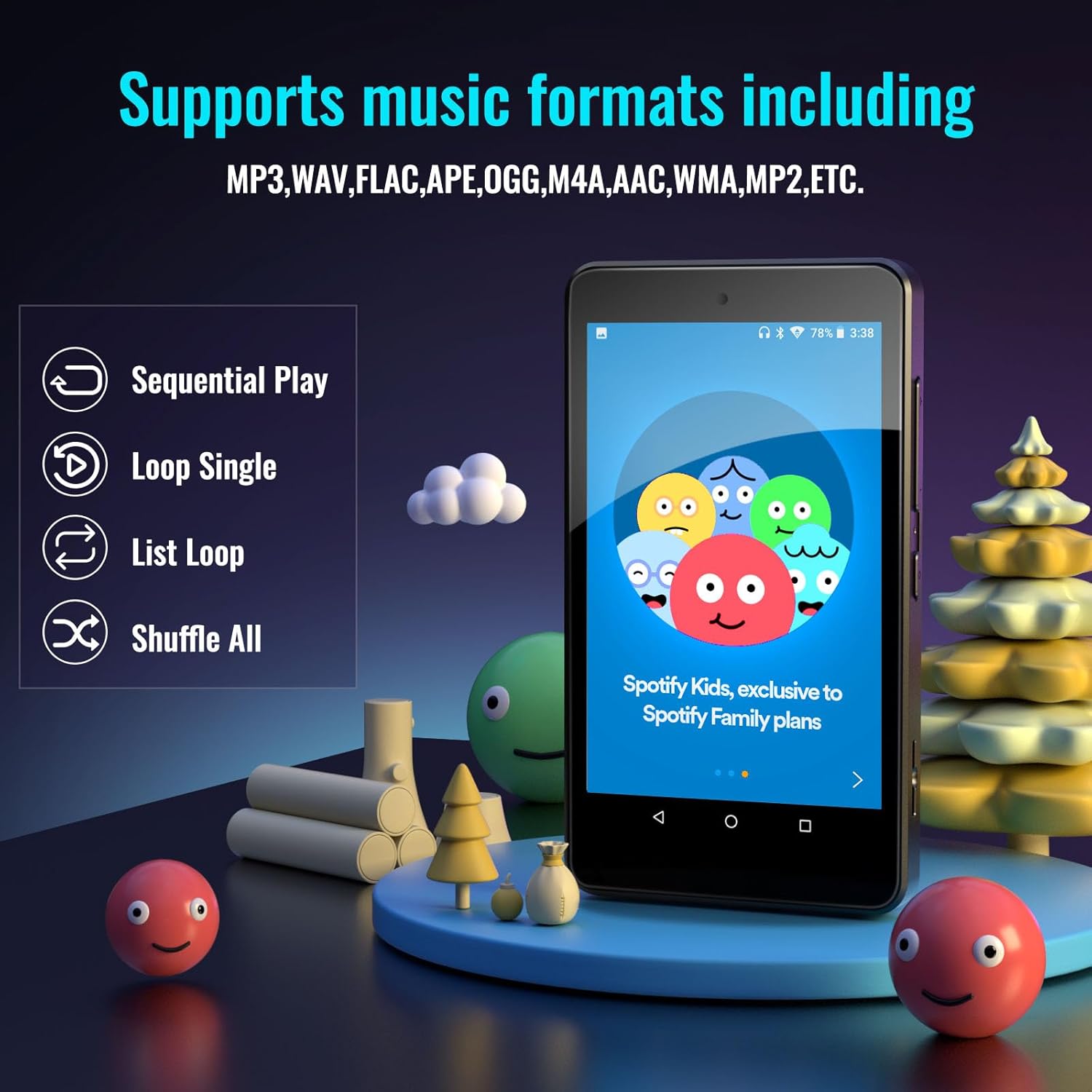 MP3 Player for Kids with Spotify, Parental Controls, Spotify Kids, Audible, Amazon Music, Libby, 4.0" IPS Kids MP4 Music Player Up to 512GB (Black) - Image 3