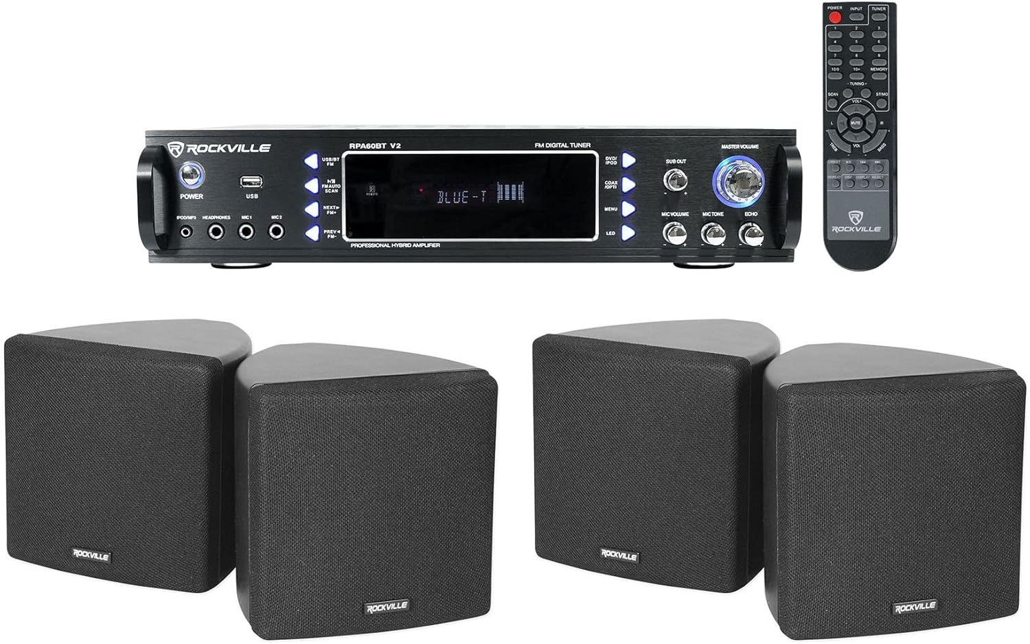 Rockville 1000 Watt Home Theater Bluetooth Receiver+(4) 3.5" Black Cube Speakers