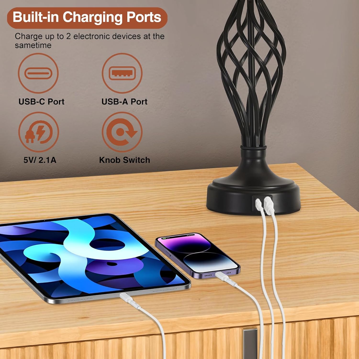 Table Lamp for Bedroom Set of 2 with USB C+A Ports, Modern Bedside Lamps with Spiral Cage Base, Fabric Shade, Nightstand Lamp for Living Room Reading Bed Side End Table, 2 LED Bulbs Included Black - Image 4