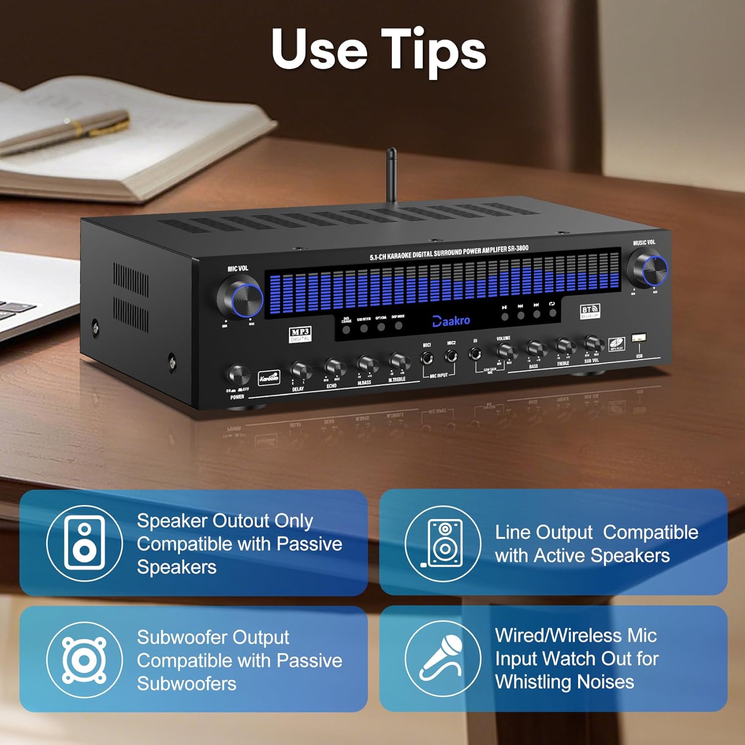 Stereo Receivers Home Audio Amplifier w/DSP Display,300W Rated Power 5.1 Channel Bluetooth Receiver,Home Amp w/BT/CD/DVD/AUX/USB/BT/FM/Opt/COA/MIC for Home/Studio/Theater Passive Speakers - Image 7