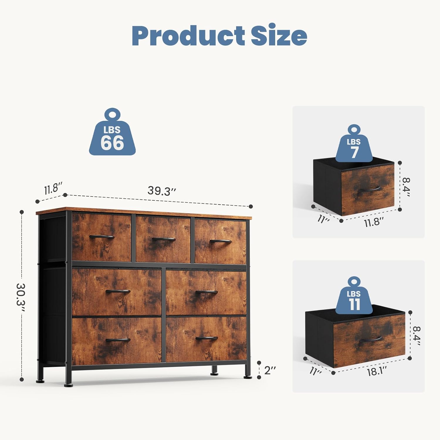 DUMOS Dresser for Bedroom with 7 Drawers, Storage Organizer Units Furniture, Chest Tower TV Stand with Fabric Bins, Metal Frame, Wooden Top for Nursery, Living Room, Bedroom, Closet, Brown - Image 3