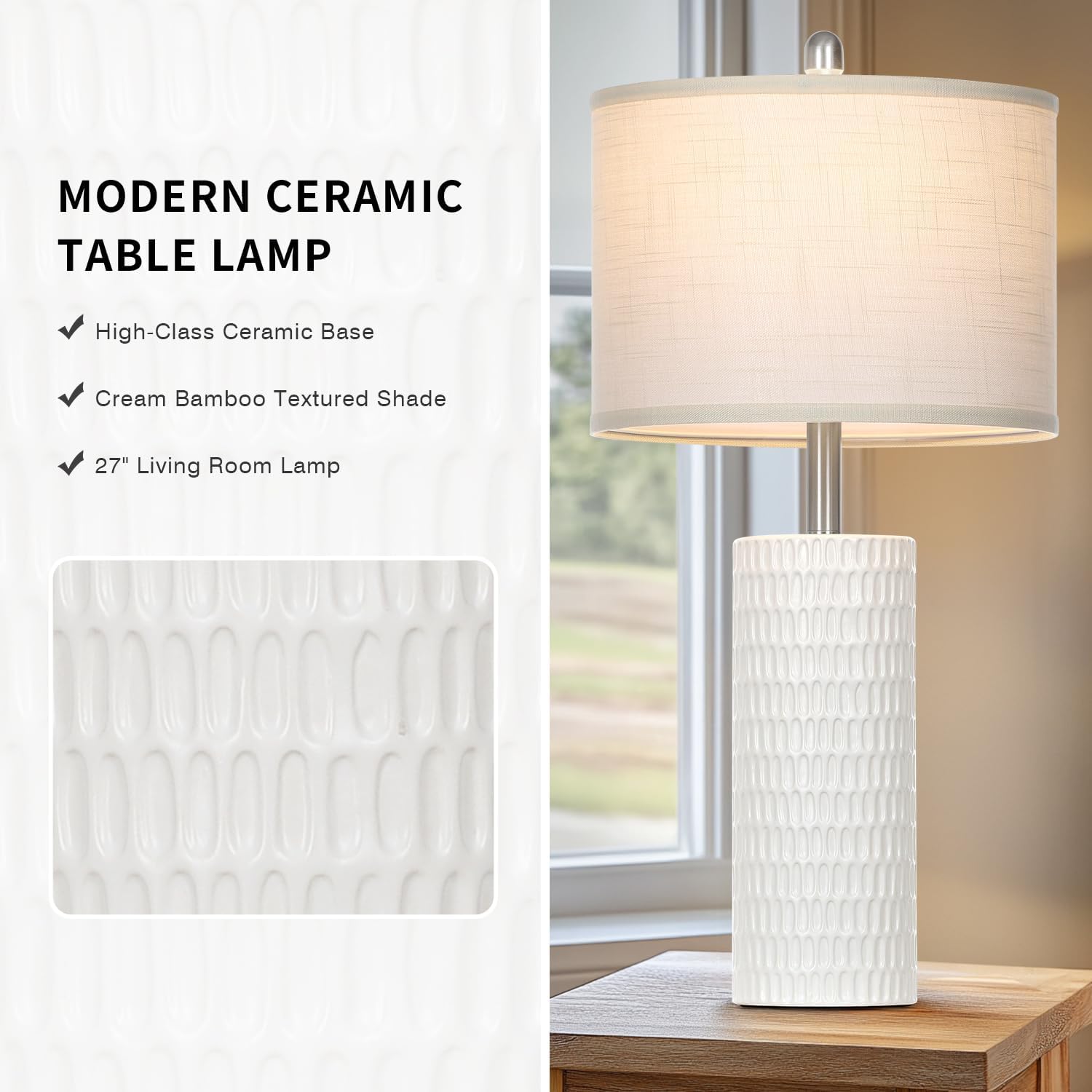 27" Ceramic Table Lamp, Farmhouse Table Lamp for Living Room, White Lamp for Bedroom, Night Stand, Modern Bedside Lamp Set of 2, End Table Lamps, White(2 Bulbs Included) - Image 2