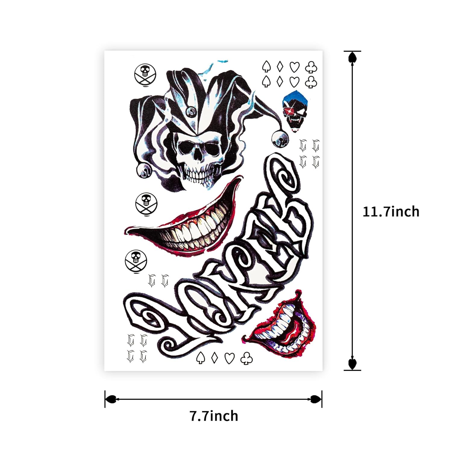 4 Sheets Joker Tattoos, BASUWU Large-Size Waterproof Halloween Fake Tattoos - All Versions - Look Real and Last Long, Perfect for Men Women Halloween Cosplay Masquerade Party Makeup (Joker, 4PCS) - Image 2