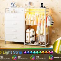 KKL 43" W White Dresser for Bedroom with Hanging Rack, Reversible 6 Drawers Dresser with Led Lights & Charging Station, Fabric Closet Dressers & Chest of Drawers with Clothes Rack for Girls, Kids - Image 5