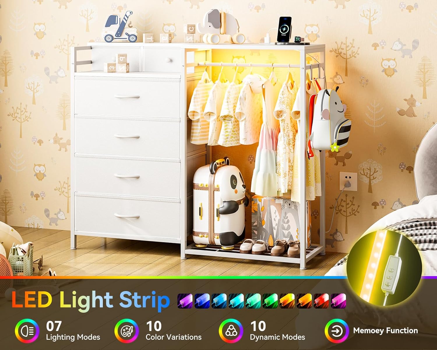 KKL 43" W White Dresser for Bedroom with Hanging Rack, Reversible 6 Drawers Dresser with Led Lights & Charging Station, Fabric Closet Dressers & Chest of Drawers with Clothes Rack for Girls, Kids - Image 5