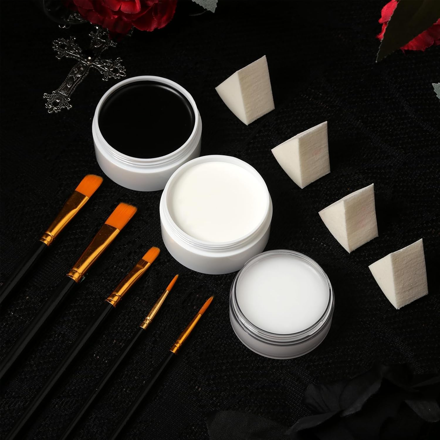 Black & White Face Paint Kit – Large 50g Oil-Based Grease Makeup Jars with Remover, 5 Brushes & 4 Sponges – Halloween, Cosplay & Stage SFX Makeup Set - Image 7