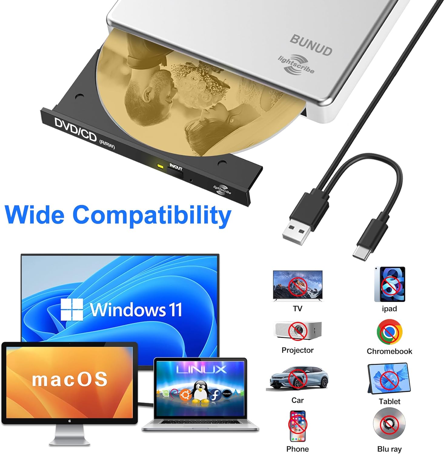 BUNUD LightScribe DVD Burner for Laptop: External Portable USB C CD/DVD Drive Compatible with Mac Windows Linux for Disc Labeling Wedding Photos with SD/TF/2 USB Ports Plug & Play(Silver) - Image 6