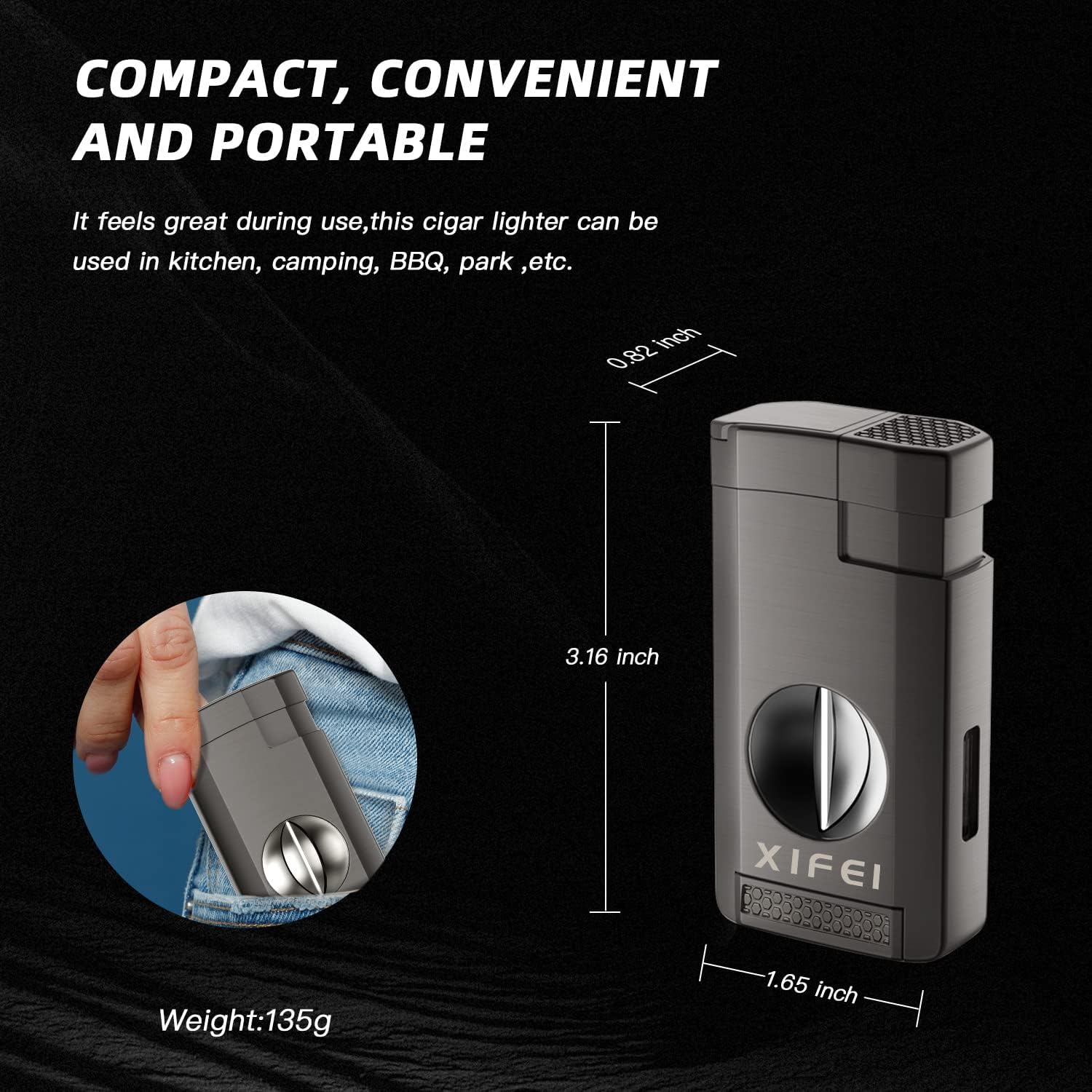 XIFEI Cigar Lighter, Triple Jet Flame Torch Lighter with Cigar Cutter V Cut, Cigar Accessories Cigar Holder, Windproof Refillable Butane Lighters for Smoking with Gift Box - Image 7