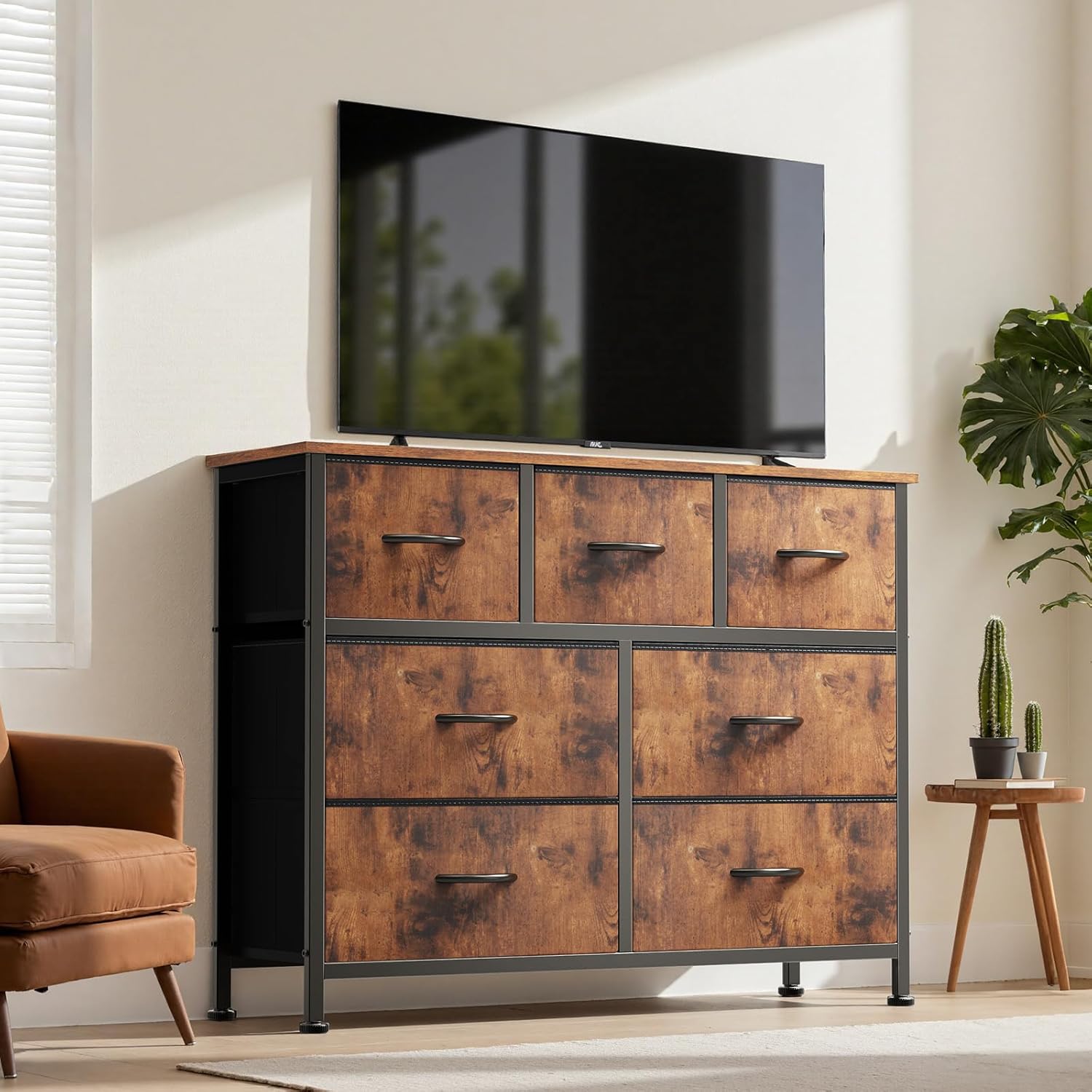 DUMOS Dresser for Bedroom with 7 Drawers, Storage Organizer Units Furniture, Chest Tower TV Stand with Fabric Bins, Metal Frame, Wooden Top for Nursery, Living Room, Bedroom, Closet, Brown - Image 9