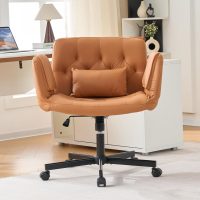 Criss Cross Chair with Reversible Armrests, Cross Legged Office Chairs with Wheels and Wide Seat PU Leather Home Desk Chair for Home, Make Up, Bed Room, Brown - Image 3