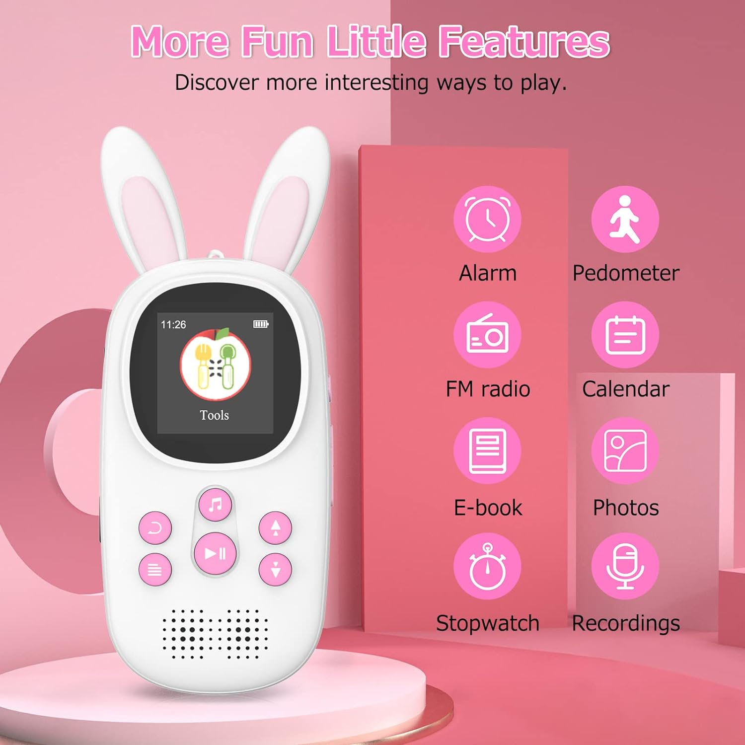 32GB MP3 Music Player for Kids, Cute Bunny Kids Music MP3 Player with Bluetooth, MP3 & MP4 Players with Speaker, MP3 Player with FM Radio, Recordings, Alarm, Pedometer, Stopwatch, Support up to 128GB - Image 3