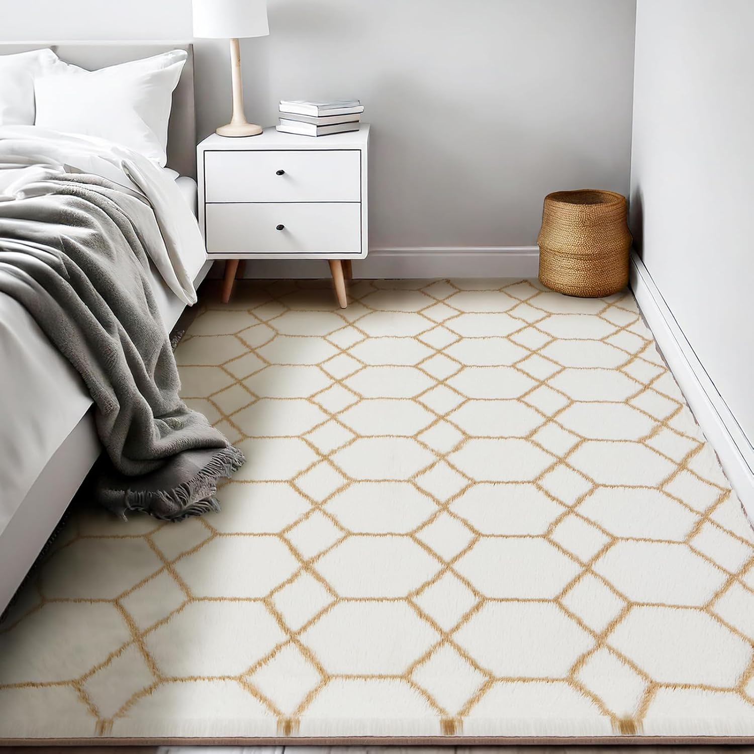 Area Rug for Living Room Bedroom, 4X6 Feet Soft Shaggy Rug, Plush Fluffy Rugs, Modern Moroccan Geometric Carpets, Anti-Skid Durable Carpet for Kids Dorm Nursery, Home Decor Aesthetic, White and Beige - Image 6