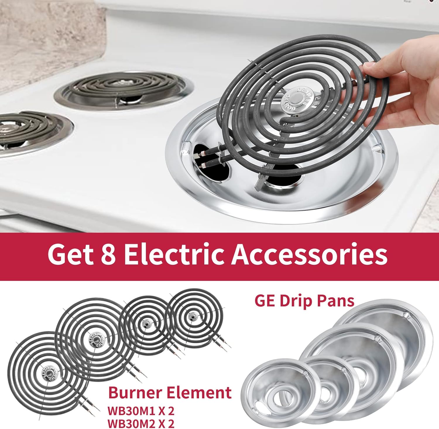 MP22YA Electric Stove Burner Element Replacement Set & W10290350 W10290353 4 Pack Silver Drip Pans - Perfectly Fit Whirlpool Electric Range Stove Top - Image 3