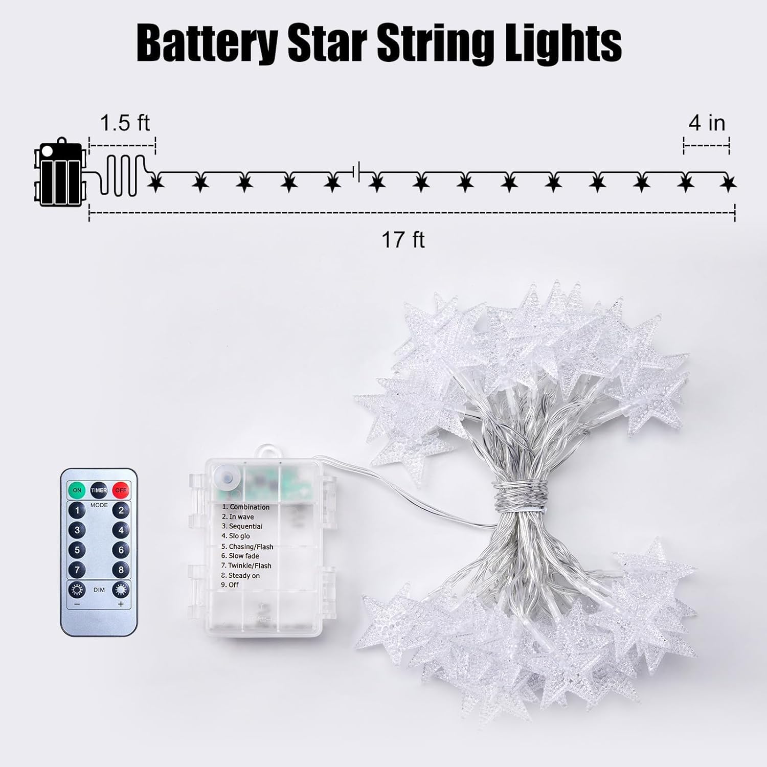 Brightown Star String Lights Battery Operated - 17 ft 50 LED Star Fairy String Lights with Remote and Timer, 8 Modes Waterproof for Bedroom Tent Loft Bed Patio Party Wedding Decor, Warm White - Image 6