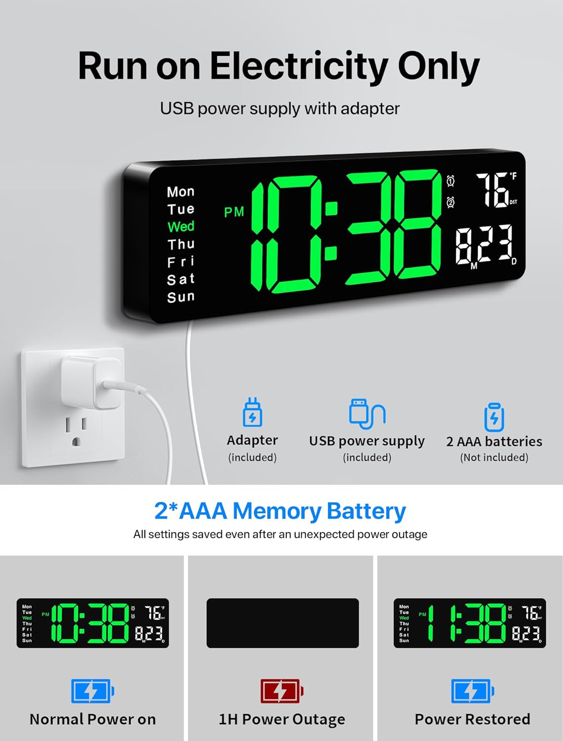 MASHI Digital Wall Clock, 16" Large Display Digital Clock with Remote Control, Auto-Dimming Wall Clock with Night Light, DST, Date Week,Temp for Living Room, Bedroom, Decor, Gift for Elderly - Image 6