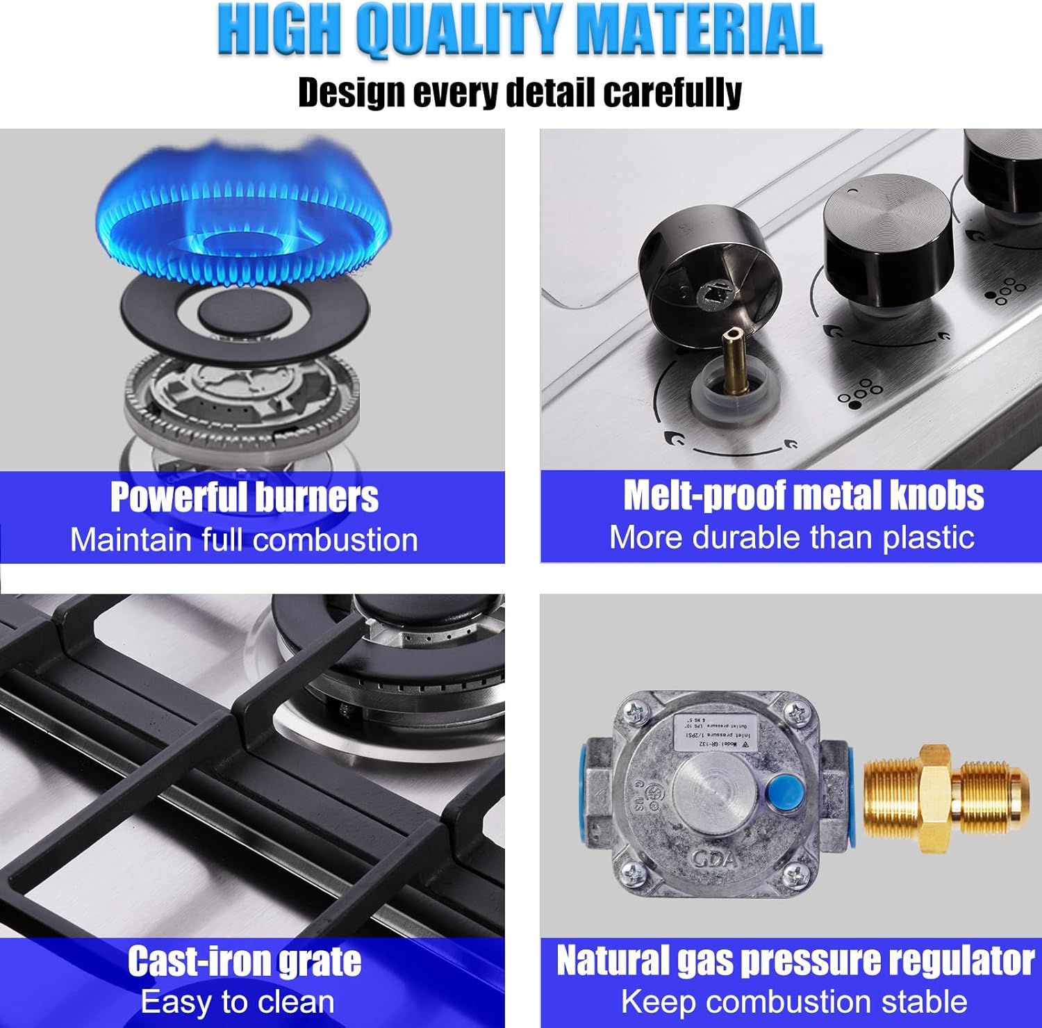 Hothit Propane Gas Cooktop 30" Inch, 5 Burner Built-in Stainless Steel Gas Stove Top, LPG/NG Dual Fuel Auto Ignition Gas Hob, Include Gas Pressure Regulator(L30"×W20")… - Image 4