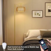 Arc Floor Lamp with 3 Color Temperatures, LED Gold Floor Lamp with Remote & Stepless Dimmable Bulb, Boho Standing Lamp with Rattan & Fabric Shades, Farmhouse Tall Lamp for Living Room Bedroom - Image 4